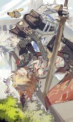  2boys 2girls antenna_hair architecture arm_tattoo armlet armor bare_pectorals black_choker black_coat black_gloves black_shirt blonde_hair blue_cape blue_eyes braid cape castorice_(honkai:_star_rail) chest_tattoo chinese_commentary choker clawed_gauntlets coat commentary_request earrings eye_contact facial_tattoo fighting fingerless_gloves gloves gold_earrings gold_necklace gradient_hair greco-roman_architecture hair_between_eyes hand_on_another&#039;s_chest highres holding holding_sword holding_weapon honkai:_star_rail honkai_(series) hyacine_(honkai:_star_rail) jewelry little_ica_(honkai:_star_rail) looking_at_another male_focus medium_hair mississipping multicolored_hair multiple_boys multiple_girls mydei_(honkai:_star_rail) necklace open_clothes open_coat pauldrons pectorals phainon_(honkai:_star_rail) pushing_away red_hair red_tattoo rooftop shirt short_hair shoulder_armor side_braid single_glove single_pauldron sword tattoo weapon white_coat white_hair wooden_sword yellow_eyes 