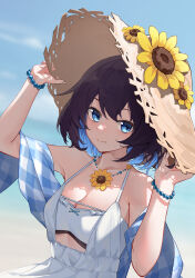  absurdres black_hair blue_eyes blue_hair blue_scarf bracelet breasts cleavage derivative_work dress female flower flower_necklace hand_on_headwear hat highres honkai_(series) honkai_impact_3rd inori_mai jewelry looking_at_viewer ocean outdoors scarf seele_vollerei short_hair smile solo straw_hat sundress sunflower white_dress 