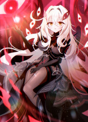  absurdres ahoge artist_name black_gloves black_pantyhose breasts commentary_request extra_eyes eye_hair_ornament eye_symbol female genshin_impact gloves hair_between_eyes hair_ornament hand_up highres invisible_chair kise_inaka long_hair looking_at_viewer pantyhose parted_lips ronova_(genshin_impact) side_ahoge sitting solo symbol-shaped_pupils very_long_hair white_hair yellow_eyes 