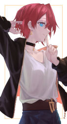  ange_katrina ange_katrina_(5th_costume) belt black_choker black_jacket blue_eyes border breasts brown_belt choker closed_mouth collarbone earrings elmida female finger_to_mouth gold_earrings hand_in_own_hair hands_up highres inset_border jacket jewelry long_sleeves looking_at_viewer looking_to_the_side nijisanji open_clothes open_jacket orange_border orange_jacket outside_border pendant_choker profile red_hair shirt shirt_tucked_in short_hair shushing simple_background single_hair_intake small_breasts smile solo triangle_earrings two-sided_fabric two-sided_jacket upper_body virtual_youtuber white_background white_shirt 