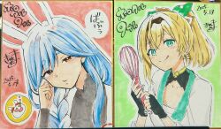  2girls :q animal_ear_fluff animal_ears black_gloves blonde_hair blue_hair blush braid brown_hairband commentary_request dated dress fingerless_gloves gloves green_eyes hair_between_eyes hair_over_shoulder hairband hand_up heart heart-shaped_eyes highres holding hololive japanese_clothes kazama_iroha kazama_iroha_(1st_costume) kimono kiritoma long_hair multicolored_hair multiple_girls outline pekomama pekomon_(usada_pekora) photo_(medium) ponytail rabbit_ears sarashi signature single_braid tongue tongue_out traditional_media translation_request two-tone_hair upper_body virtual_youtuber whisk white_dress white_hair white_kimono white_outline 