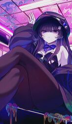  absurdres bare_shoulders black_hat black_leotard black_pantyhose blunt_bangs blush bow breasts chromatic_aberration cleavage commentary_request crossed_legs detached_collar female film_grain hair_ornament hat highres jacket karou_(lhscck302) leotard looking_at_viewer original pantyhose playboy_bunny purple_bow purple_eyes sitting solo 