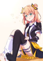  asymmetrical_legwear black_jacket black_skirt black_thighhighs collarbone collared_shirt commentary_request convenient_skirt double_bun dressing female full_body hair_bun hair_intakes hair_ornament heart highres hinoshita_kaho i_do_me!_(love_live!) jacket knees_up leg_warmers link!_like!_love_live! love_live! mano_409 medium_hair miniskirt mismatched_legwear multiple_thigh_straps official_alternate_costume open_clothes open_jacket orange_hair pleated_skirt shirt short-sleeved_jacket short_sleeves simple_background single_bare_foot single_leg_warmer single_sleeve single_thighhigh skirt soles solo thighhighs toes uneven_legwear virtual_youtuber white_background white_leg_warmers white_shirt x_hair_ornament 