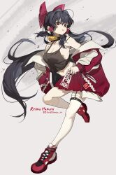  absurdres alternate_costume between_fingers black_camisole black_choker black_hair bow breasts camisole character_name choker cleavage collarbone commentary_request female frilled_hair_tubes frills full_body hair_tubes hairbow hakurei_reimu highres holding jacket leg_up long_hair looking_at_viewer midriff navel ofuda ofuda_between_fingers open_clothes open_jacket power_item_(touhou) red_bow red_eyes red_jacket red_shoes red_skirt shimiya_jin shoes skirt sneakers solo thighhighs touhou twitter_username very_long_hair white_thighhighs yin_yang yin_yang_print 