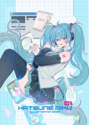  :d absurdres ahoge aqua_eyes aqua_hair aqua_nails aqua_necktie aqua_trim black_skirt black_sleeves black_thighhighs blush collared_shirt comiket_106 commentary_request cursor detached_sleeves double-parted_bangs grey_shirt hair_between_eyes hatsune_miku heremia highres kagamine_len kaito_(vocaloid) long_hair looking_at_viewer megurine_luka mei_mei_(vocaloid) necktie open_mouth pleated_skirt shirt skirt smile stylus thighhighs twintails very_long_hair vocaloid 