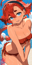  bare_shoulders beach bent_over bikini blue_eyes blush breasts cloud cloudy_sky collarbone female frilled_bikini_bottom front-tie_bikini_top front-tie_top gundam gundam_suisei_no_majo headband highres long_hair looking_at_viewer lower_teeth_only medium_breasts ocean open_mouth red_bikini red_hair skindentation sky solo standing strapless suletta_mercury swimsuit teeth tube_top very_long_hair xel4 