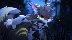  16:9 2024 4_fingers anthro arthropod beetle biped black_body black_fur blue_eyes blurred_background blush blush_lines canid canine canis chest_tuft claws digital_drawing_(artwork) digital_media_(artwork) elateroid fingers firefly fluffy fluffy_tail forest forest_background fur green_eyes grey_body grey_fur heterochromia hi_res hlg7777 inner_ear_fluff insects kemono knife male mammal markings multicolored_body multicolored_fur nature nature_background neck_tuft night outside pawpads paws plant pose red_markings shaded solo tail tree tuft wallpaper white_body white_fur widescreen wolf 