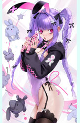  ahoge animal_ears bandaid bandaid_on_ass barbell_piercing black_ribbon black_thighhighs blunt_bangs breasts cleavage commentary_request cowboy_shot cross crossed_bandaids doll drill_hair ear_piercing fake_animal_ears fake_tail female fingernails from_side garter_straps hair_ornament hair_ribbon heart heart_ahoge highleg highleg_leotard highres holding holding_doll industrial_piercing leotard light_blush long_fingernails long_hair long_sleeves looking_at_viewer medium_breasts nail_(hardware) nail_art nail_polish neck_ribbon oerba_yun_fang ompf open_mouth original piercing pink_eyes pink_ribbon playboy_bunny purple_hair purple_leotard rabbit_hair_ornament rabbit_tail ribbon shrug_(clothing) sidelocks skin_fang solo straw_doll stuffed_animal stuffed_rabbit stuffed_toy tail thighhighs twin_drills 