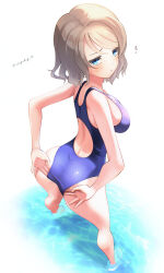  absurdres adjusting_clothes adjusting_swimsuit ass blue_eyes blue_one-piece_swimsuit commentary_request competition_swimsuit feet_out_of_frame female from_behind grey_hair highres love_live! love_live!_sunshine!! one-piece_swimsuit racerback scopedog_12 short_hair simple_background solo swimsuit watanabe_you water white_background 
