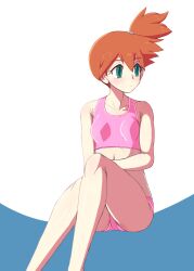  alternate_costume bikini breasts closed_mouth collarbone commentary_request expressionless eyelashes feet_out_of_frame female green_eyes haloh highres kasumi_(pokemon) knees looking_to_the_side one_side_up orange_hair pink_bikini pokemon pokemon_frlg sitting solo swimsuit 