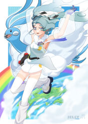  1other absurdres altaria aqua_eyes aqua_hair armpits arms_up bird blue_bird blue_gloves blush breasts crossover detached_sleeves female gloves hatsune_miku highres leg_warmers long_hair long_sleeves medium_breasts official_alternate_costume official_alternate_hairstyle open_mouth poke_ball pokemon pokemon_(creature) project_voltage purplejelly rainbow see-through_clothes see-through_skirt see-through_sleeves shirt single_glove skirt smile socks twintails very_long_hair vocaloid white_shirt white_socks 