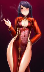  absurdres breasts cigarette crimson_wings_(stellar_blade) cross-laced_clothes cross-laced_dress cross-laced_slit dress female finalcake highres holding holding_cigarette jill_stingray long_hair long_sleeves looking_at_viewer medium_breasts pelvic_curtain purple_hair red_dress red_eyes sideless_dress smoke smoking solo stellar_blade twintails va-11_hall-a 