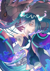  1other absurdres ansel_amanno black_dress collarbone commentary detached_sleeves dress female ghost ghost_girl ghost_miku_(project_voltage) glitch hair_over_one_eye hat hatsune_miku highres long_hair long_sleeves looking_at_another looking_at_viewer official_alternate_costume official_alternate_hairstyle open_mouth orange_eyes pokemon pokemon_(creature) project_voltage shirt sleeveless sleeveless_shirt twintails very_long_hair vocaloid witch_hat 