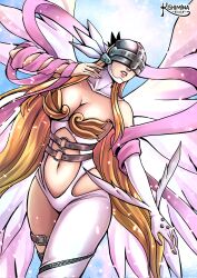  angel_wings angewomon asymmetrical_clothes belt boobplate breasts cleavage clothing_cutout covered_eyes cowboy_shot digimon digimon_(creature) female helmet helmet_over_eyes highres hip_vent kishimina large_breasts navel o-ring o-ring_belt single_leg_bodysuit solo stomach_cutout winged_helmet wings 