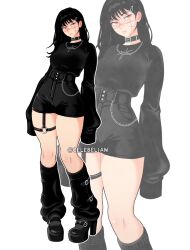  black_hair breasts celebelian chainsaw_man choker cross_scar female goth_fashion highres large_breasts long_hair long_sleeves looking_at_viewer red_eyes ringed_eyes scar scar_on_cheek scar_on_face shirt simple_background solo yoru_(chainsaw_man) 
