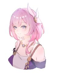 absurdres bare_shoulders blue_eyes cropped_torso cyrene_(honkai:_star_rail) dress female hair_ribbon highres honkai:_star_rail honkai_(series) jewelry looking_at_viewer medium_hair meiguiganyewasiduishuihe_(nulitishenghuajiban) necklace off-shoulder_dress off_shoulder pink_hair pink_pupils ribbon simple_background smile solo upper_body white_background white_ribbon 