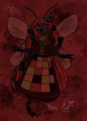  4_arms absurd_res antennae_(anatomy) anthro arthropod bee bow_ribbon clothing clown clown_costume clown_nose creepy creepy_face cumcadaver dress eyeliner fangs female food hair hi_res hymenopteran insects kusatta_(cumcadaver) larva maggot makeup mascara meat multi_arm multi_limb red_hair scar solo teeth vulture_bee wings 