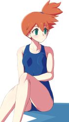  blue_one-piece_swimsuit breasts closed_mouth collarbone commentary_request expressionless eyelashes female green_eyes haloh highres kasumi_(pokemon) knees looking_to_the_side one-piece_swimsuit one_side_up orange_hair pokemon pokemon_frlg sitting solo swimsuit 