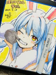  animal_ear_fluff animal_ears art_tools_in_frame black_gloves blue_hair blush braid breasts carrot_hair_ornament commentary_request dated don-chan_(usada_pekora) female food-themed_hair_ornament fur-trimmed_gloves fur_trim gloves grin hair_between_eyes hair_ornament highres hololive kiritoma looking_at_viewer mouth_pull multicolored_hair photo_(medium) rabbit-shaped_pupils rabbit_ears red_eyes short_eyebrows signature small_breasts smile solo symbol-shaped_pupils thick_eyebrows traditional_media translation_request twin_braids twintails two-tone_hair upper_body usada_pekora usada_pekora_(1st_costume) white_hair 