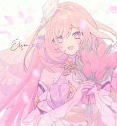  bouquet breasts character_name commentary_request elf elysia_(herrscher_of_human:_ego)_(honkai_impact) elysia_(honkai_impact) female flower gloves highres holding holding_bouquet honkai_(series) honkai_impact_3rd kanaria_(mint_tea1256) large_breasts long_hair looking_at_viewer open_mouth pink_flower pink_hair pink_tulip pointy_ears purple_eyes smile solo triquetra tulip upper_body veil very_long_hair white_gloves white_veil 