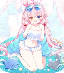  :d ahoge bikini blue_archive blue_eyes blue_jacket blush collarbone commentary_request eyewear_on_head female frilled_bikini frills full_body hair_bobbles hair_ornament heterochromia hoshino_(blue_archive) hoshino_(swimsuit)_(blue_archive) jacket korean_commentary long_hair long_sleeves looking_at_viewer low_twintails navel off_shoulder official_alternate_costume open_clothes open_jacket open_mouth pink_hair red_eyes sandals sitting smile solo subin_(subin_2011) sunglasses swimsuit twintails wariza white_bikini white_sandals zoom_layer 