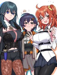  3girls ahoge armor belle_(zenless_zone_zero) belt belt_buckle black_armor black_belt black_pantyhose black_shorts black_sweater blue_hair blue_skirt blush breasts brown_pantyhose buckle chaldea_uniform closed_mouth commentary_request crossed_bangs crossover expressionless fate/grand_order fate_(series) female_byleth_(fire_emblem) fire_emblem fire_emblem:_three_houses fujimaru_ritsuka_(female) green_eyes hair_between_eyes hair_ornament hair_scrunchie height_difference highres jacket large_breasts long_hair long_sleeves multiple_crossover multiple_girls navel open_clothes open_jacket open_mouth orange_eyes orange_hair pantyhose pleated_skirt s_oxox scrunchie short_hair shorts simple_background skirt smile sweater thighs trait_connection turtleneck turtleneck_sweater white_background white_jacket yellow_scrunchie zenless_zone_zero 