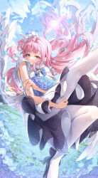  absurdres black_shoes blue_archive blue_flower blue_sky capelet commentary_request day dress female floating_hair flower hair_bun hair_intakes halo high_heels highres low_wings mika_(blue_archive) norimori pantyhose pink_hair pink_halo shoes single_hair_bun single_side_bun sky solo white_capelet white_dress white_pantyhose white_wings wing_ornament wings yellow_eyes 