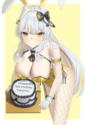  absurdres animal_ear_fluff animal_ears arm_garter bare_shoulders bent_over birthday_cake black_survival bow breasts cake cleavage closed_mouth commentary_request detached_collar dos_(ehgns007kr) eternal_return:_black_survival female fishnet_pantyhose fishnets food gloves hair_ornament hairbow highres large_breasts leotard long_hair looking_at_viewer minami_rio minami_rio_(winning_shot) multicolored_hair official_alternate_costume pantyhose partially_fingerless_gloves playboy_bunny rabbit_ears side-tie_leotard smile solo spaghetti_strap streaked_hair thigh_strap very_long_hair white_gloves white_hair wrist_cuffs x_hair_ornament yellow_eyes yellow_leotard 