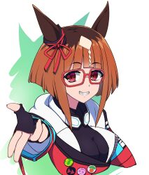  absurdres animal_ears badge black_gloves black_shirt breasts brown_hair button_badge commentary_request cropped_torso ear_ribbon fanny_pack female fingerless_gloves glasses gloves grin hand_up headphones headphones_around_neck highres horse_ears horse_girl large_breasts looking_at_viewer reaching reaching_towards_viewer red-framed_eyewear red_eyes red_ribbon ribbon shirt short_hair smile solo sorano_(12gou) transcend_(umamusume) umamusume 