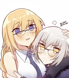 2girls artist_name bilingual_commentary blonde_hair blue_eyes blue_necktie blush braid braided_ponytail caress closed_mouth commentary dual_persona fate/grand_order fate_(series) glasses grey_hair hair_between_eyes hand_on_another&#039;s_arm hand_on_another&#039;s_head jeanne_d&#039;arc_(fate) jeanne_d&#039;arc_(girl_from_orleans)_(fate) jeanne_d&#039;arc_alter_(fate) jeanne_d&#039;arc_alter_(ver._shinjuku_1999)_(fate) long_hair mixed-language_commentary multiple_girls necktie open_mouth selfcest shirt short_hair simple_background sleeveless sleeveless_shirt twitter_username white_background white_shirt yellow_eyes yukari_(bryleluansing) yuri 