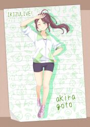  alt_text arm_up bike_shorts black_shorts border brown_border brown_hair character_name closed_mouth collarbone commentary_request copyright_name drop_shadow female floating_hair full_body goto_akira green_background green_eyes hand_on_own_hip highres ikizulive!_love_live!_bluebird jacket long_hair looking_at_viewer love_live! matsurugi_tsukasa pink_shoes ponytail shirt shoes short_sleeves shorts sidelocks sleeves_pushed_up smile solo split_mouth white_jacket white_shirt 