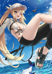  artist_name artoria_caster_(fate) artoria_caster_(swimsuit_berserker)_(fate) artoria_caster_(swimsuit_berserker)_(first_ascension)_(fate) artoria_pendragon_(fate) asymmetrical_clothes baseball_cap bikini black_pants blonde_hair blue_sky blush breasts cleavage cropped_jacket fate/grand_order fate_(series) female green_eyes hat highres jacket long_hair long_sleeves looking_at_viewer medium_breasts ocean one_eye_closed open_mouth pants patreon_username ryuuneart sandals shrug_(clothing) single_pantsleg sky smile solo swimsuit thighs twintails white_bikini white_hat white_jacket 