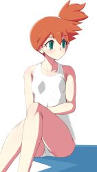  alternate_costume breasts closed_mouth collarbone commentary_request expressionless eyelashes female green_eyes haloh highres kasumi_(pokemon) knees looking_to_the_side one-piece_swimsuit one_side_up orange_hair pokemon pokemon_frlg sitting solo swimsuit white_one-piece_swimsuit 