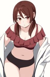  bare_shoulders bikini blush breasts brown_bikini brown_eyes brown_hair cleavage closed_mouth collarbone commentary_request female frilled_bikini frills hair_over_shoulder highres jacket kapatarou long_hair looking_at_viewer low_twintails medium_breasts navel off_shoulder open_clothes open_jacket original simple_background solo swimsuit thick_eyebrows thigh_gap twintails white_background white_jacket 