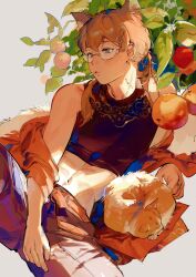  1boy amo_(amo_0514) animal_ears arm_support armpit_crease bare_shoulders belt between_legs black_shirt brown_eyes brown_hair cat_boy cat_ears chinese_commentary closed_mouth clothes_down commentary_request cowboy_shot crop_top cropped_shirt double-parted_bangs earrings extra_ears eyewear_strap feline food fruit fruit_request glasses grey_pants hair_between_eyes hair_ornament hair_over_shoulder hairclip hand_between_legs head_tilt highres hoop_earrings jacket jewelry knee_up linea_alba long_hair looking_ahead low_ponytail male_focus midriff mouth_hold navel open_clothes open_jacket orange_belt orange_jacket original pants parallel_hairclips plant ponytail print_shirt pursed_lips reclining ring shirt simple_background sleeveless sleeveless_shirt solo turning_head white_background 
