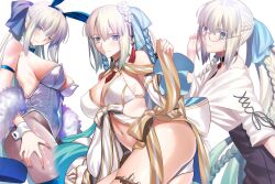  absurdres animal_ear_hairband animal_ears arm_strap ass bare_shoulders bikini blue_eyes blue_hair blue_hairband blush bow bowtie braid breasts brown_pantyhose cleavage covered_navel detached_collar detached_sleeves fake_animal_ears fate/grand_order fate_(series) feather_boa female flower gold_trim grey_hair hair_flower hair_ornament hair_ribbon hairband hairbow half_up_braid hand_on_own_thigh highleg highleg_leotard highres jewelry large_breasts leotard long_hair long_skirt long_sleeves longdq3008 looking_at_viewer looking_down morgan_le_fay_(fate) morgan_le_fay_(water_princess)_(fate) multiple_views pantyhose playboy_bunny ponytail puffy_long_sleeves puffy_sleeves rabbit_ear_hairband rabbit_ears ribbon sidelocks simple_background skirt smile stool strapless strapless_leotard swimsuit thigh_strap thighlet thighs twin_braids very_long_hair white_background white_bikini white_hair white_leotard white_skirt wrist_cuffs 
