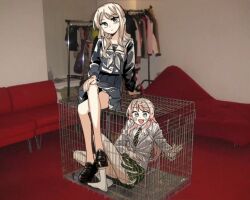  2girls bang_dream! bang_dream!_it&#039;s_mygo!!!!! black_shoes blue_eyes blue_shirt blue_skirt blush brown_hair cage chihaya_anon commentary_request green_necktie green_skirt grey_eyes grey_jacket in_cage jacket korean_commentary long_hair long_sleeves multiple_girls nagasaki_soyo necktie neonfloyd no_shoes oerba_yun_fang open_mouth photo-referenced photo_background plaid_clothes plaid_skirt pleated_skirt school_uniform shirt shoes sidelocks sitting skin_fang skirt socks tsukinomori_school_uniform white_socks yuri 
