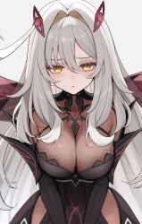  black_dress breasts cleavage commentary_request dress eye_hair_ornament female genshin_impact grey_background grey_hair hair_between_eyes highres large_breasts long_hair looking_at_viewer parted_lips ronova_(genshin_impact) side_ahoge simple_background solo symbol-shaped_pupils upper_body ura_(hamburg_oniku) very_long_hair white_background white_hair yellow_eyes 
