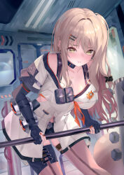 absurdres black_gloves black_shorts blonde_hair blush breasts brown_hair cleavage commentary_request elbow_gloves female fingerless_gloves girls&#039;_frontline girls&#039;_frontline_2:_exilium gloves hair_ornament hairclip hand_on_railing highres ieris indoors jacket k2_(girls&#039;_frontline) large_breasts leaning_forward long_hair medium_breasts micro_shorts nail_polish orange_nails pout shorts side_ponytail skindentation solo thighs very_long_hair white_jacket yellow_eyes yoohee_(girls&#039;_frontline_2) 