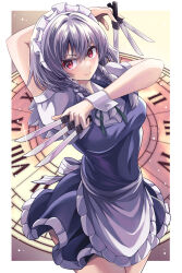  absurdres apron back_bow between_fingers bow braid closed_mouth commentary_request female green_ribbons grey_hair happy_ginko highres holding holding_knife izayoi_sakuya knife knives_between_fingers long_hair looking_at_viewer maid maid_headdress neck_ribbon puffy_short_sleeves puffy_sleeves red_eyes ribbon roman_numeral short_sleeves smile solo touhou twin_braids waist_apron white_apron white_bow wrist_cuffs 