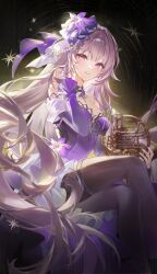  absurdres bare_shoulders black_bridal_gauntlets black_pantyhose breasts bridal_gauntlets brown_hair commentary crossed_legs detached_sleeves dress female fingernails flower hair_between_eyes hair_flower hair_ornament hand_up herta_(honkai:_star_rail) highres holding honkai:_star_rail honkai_(series) instrument_request long_hair long_sleeves looking_at_viewer medium_breasts nail_polish official_alternate_costume pantyhose parted_lips purple_eyes purple_flower purple_nails purple_sleeves sitting sleeveless sleeveless_dress smile sohan_(sohan_416) solo the_herta_(honkai:_star_rail) the_herta_(star_rail_live_2025)_(honkai:_star_rail) very_long_hair 