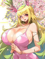  :d ahoge armpit_crease bare_shoulders blonde_hair blush bracelet breasts cherry_blossoms cleavage collarbone covered_navel dress feathered_wings female flower gigantic_breasts gold_armlet gradient_hair gradient_wings green_hair green_wings halterneck head_wings highres jewelry long_hair looking_at_viewer multicolored_hair multicolored_wings nail_polish open_mouth original pink_dress pink_flower pink_nails pink_wings pixiv_id red_eyes shiny_skin signature simple_background smile solo steepled_fingers strap_gap swept_bangs teeth tongue twitter_username two-tone_hair two-tone_wings umigarasu_(kitsune1963) upper_body upper_teeth_only very_long_hair white_background wings 