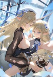  2girls alternate_costume armpits ass asymmetrical_docking bare_shoulders black_shirt blonde_hair blue_eyes blue_ribbon blurry blurry_background breast_press breasts brown_skirt cartethyia_(wuthering_waves) commentary_request cup denim dual_persona earrings fleurdelys_(wuthering_waves) hat hat_ribbon highres holding holding_cup horns jeans jewelry large_breasts long_hair long_horns looking_at_viewer multiple_girls pants parted_bangs parted_lips plaid_clothes plaid_skirt pointy_ears raidriar_18 ribbon shirt sidelocks signature single_horn skirt sleeveless sleeveless_shirt small_breasts smile tacet_mark_(wuthering_waves) v very_long_hair white_hat wuthering_waves yellow_horns 
