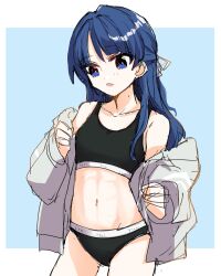  abs armpit_crease bare_shoulders black_panties black_sports_bra blue_background blue_eyes blue_hair border borrowed_clothes breasts collarbone commentary cowboy_shot female grey_jacket highres jacket jacket_partially_removed kanduki_kamibukuro link!_like!_love_live! long_sleeves love_live! mole mole_on_neck murano_sayaka navel outside_border panties simple_background small_breasts solo sports_bra stomach underwear virtual_youtuber white_border yugiri_tsuzuri yugiri_tsuzuri_(summer_training_wear) 