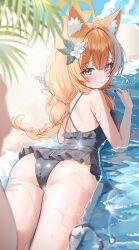  absurdres animal_ear_fluff animal_ears ass beach black_one-piece_swimsuit blue_archive blue_eyes blush casual_one-piece_swimsuit cat_ears cat_girl closed_mouth commentary_request female flower frilled_one-piece_swimsuit frills from_behind hair_flower hair_intakes hair_ornament halo highres long_hair looking_at_viewer lying mari_(blue_archive) mari_(swimsuit)_(blue_archive) official_alternate_costume official_alternate_hairstyle on_ground on_stomach one-piece_swimsuit orange_hair revision smile solo suisen_(suisenhwa) swimsuit thighs wet yellow_halo 