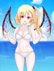  ass_visible_through_thighs asymmetrical_bangs bikini blonde_hair breasts bright_pupils cleavage clenched_hands commentary_request cowboy_shot crystal_wings female fingernails flandre_scarlet hair_bobbles hair_ornament hands_up highres light_blush looking_at_viewer medium_breasts merihari07 navel o-ring o-ring_bikini open_mouth pointy_ears red_eyes short_hair side_ponytail slit_pupils solo standing swimsuit touhou white_bikini white_pupils 
