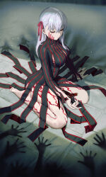  absurdres artist_name bare_legs barefoot black_dress body_markings breasts commentary_request corruption dark_persona dark_sakura dress fate/stay_night fate_(series) feet female hair_ribbon heaven&#039;s_feel highres large_breasts long_hair matou_sakura red_eyes ribbon shadow_(fate/stay_night) shroud_of_martin soles striped_clothes striped_dress tooku0 vertical-striped_clothes vertical-striped_dress white_hair 