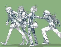  2boys 2girls ahoge another_eden bag beanie belt clenched_hand closed_eyes closed_mouth collared_shirt commentary_request cropped_jacket double-parted_bangs floating_hair foran_(another_eden) from_side goggles goggles_on_headwear green_background greyscale_with_colored_background hair_between_eyes hair_ornament hair_scrunchie hand_grab hands_on_another&#039;s_back hat hatching_(texture) head_back jacket kneehighs linear_hatching long_hair long_pointy_ears long_sleeves looking_at_another looking_back low_twintails michibata_65 midriff mighty_(another_eden) miniskirt multiple_boys multiple_girls neckerchief necktie open_mouth outstretched_arms pants pleated_skirt pointy_ears profile pulling pushing ruina_(another_eden) sailor_collar satchel school_uniform scrunchie serafuku sevyn_(another_eden) shirt shoes short_hair short_sleeves shoulder_bag sidelocks simple_background skirt socks standing sweatdrop thighhighs twintails v-shaped_eyebrows very_long_hair walking x_hair_ornament 