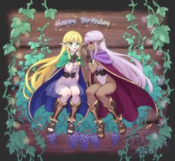  2girls blonde_hair blue_cape braid cape capelet character_name commentary_request dark-skinned_female dark_elf dark_skin elf eltolinde_(unicorn_overlord) english_text gold_trim green_capelet green_eyes happy_birthday highleg highleg_leotard invisible_chair leotard long_hair multiple_girls pink_hair pointy_ears profile purple_cape purple_capelet red_eyes rosalinde_(unicorn_overlord) sandals see-through_clothes see-through_skirt siblings signature sisters sitting skirt smile toes tuqi_pix twin_braids twins unicorn_overlord white_leotard 