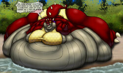  2025 absurd_res anthro beach beached belly big_belly bikini bikini_bottom bikini_top bottomwear breasts clothing digital_media_(artwork) dragon english_text female grey_body grey_scales hi_res horn huge_belly huge_thighs hyper hyper_belly hyper_thighs if_hell_had_a_taste morbidly_obese morbidly_obese_anthro morbidly_obese_female mythological_creature mythological_scalie mythology non-mammal_breasts obese obese_anthro obese_female open_mouth overweight overweight_anthro overweight_female pepper_crush plant purple_eyes red_body red_scales ribbons scales scalie seaside solo speech_bubble swimwear text thick_thighs topwear two-piece_swimsuit ventral_scales viroveteruscy water yellow_sclera 